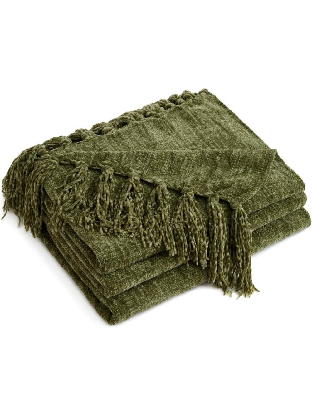 Cozy Olive Green Chenille Throw Blanket with Knotted Tassels, 50x60 Inches